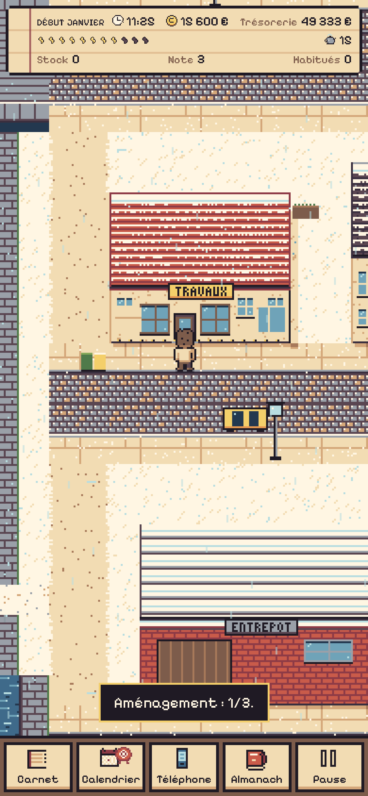 MÉTIER on a phone, interface in French, Shop path under the Luxembourg rules, early January in the snow: the player stands at the door of the future shop, still under works with a TRAVAUX sign. The header shows the time, the player's money, the company cash, the energy pips, stock 0, rating 3 and regulars 0; a message reads « Aménagement : 1/3. ». The bottom bar holds Carnet, Calendrier, Téléphone, Almanach and Pause.