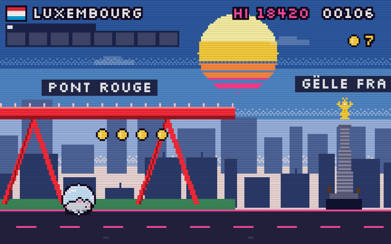 Rat Race : niveau 1 à Luxembourg, le rat dans sa boule court sous le Pont Rouge, près de la Gëlle Fra, avec le score en pixels et le record HI