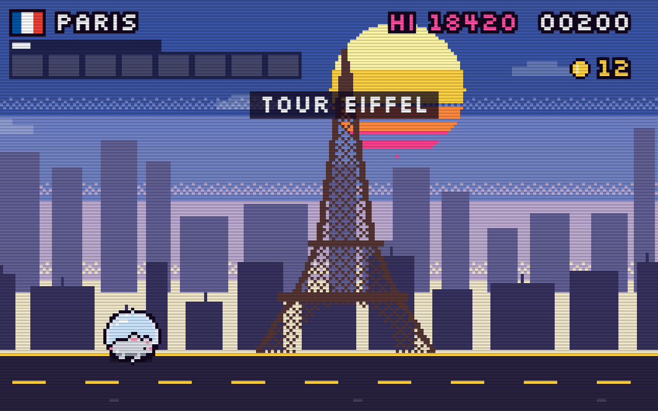 Rat Race : le niveau Paris, la tour Eiffel dessinée en pixel art
