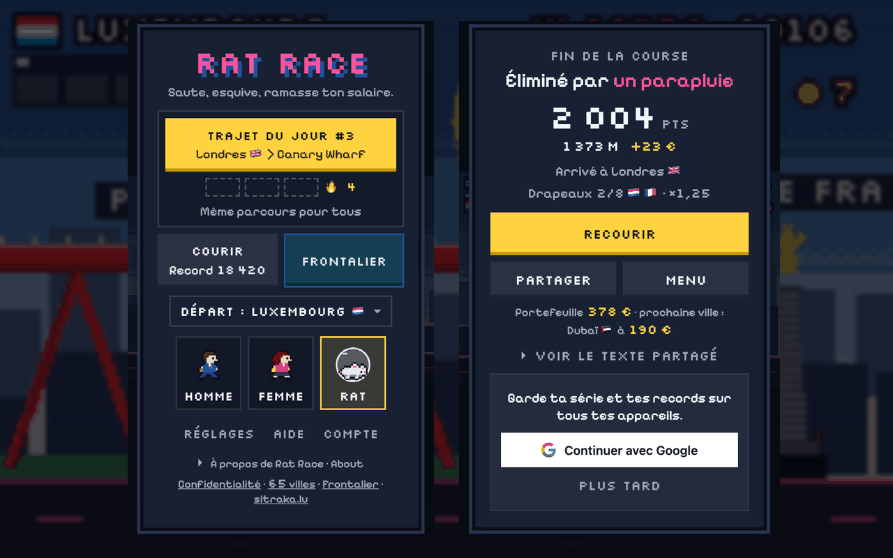 Rat Race : l'écran d'accueil avec le Trajet du jour, et la fin d'une course : éliminé par un parapluie, avec la connexion Google facultative