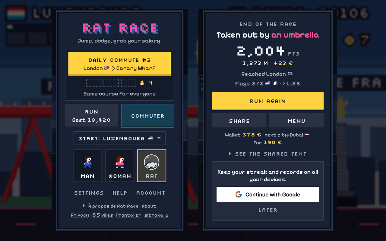 Rat Race: the start screen with the Daily commute, and the end of a run: taken out by an umbrella, with the optional Google sign-in