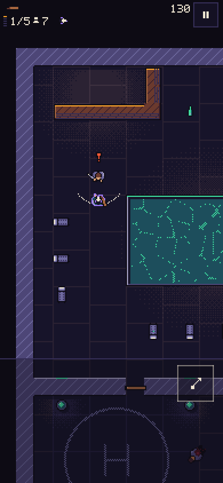 SORTIE on a phone, floor 1, the Roof: a thug marked with a red exclamation point winds up a strike on the player, who wears the Rat mask and holds a bat; the dotted arc on the ground shows where the blow will land. The pool is on the right.