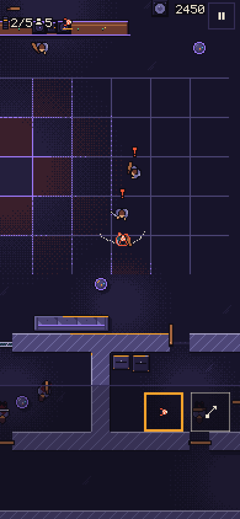 SORTIE on a phone, floor 2, the Club: two thugs marked with red exclamation points close in on the player in the Tiger mask, on the dance floor; the nearer one winds up a strike, shown by a dotted arc.