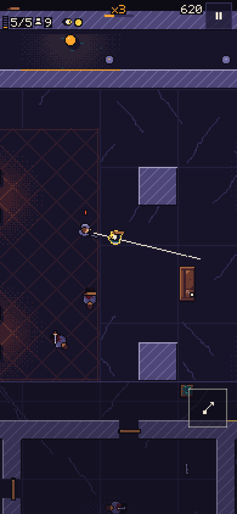 SORTIE on a phone, floor 5, the Lobby: a gunman aims at the player in the Pig mask, his aim line drawn just before the shot; two thugs are already down.