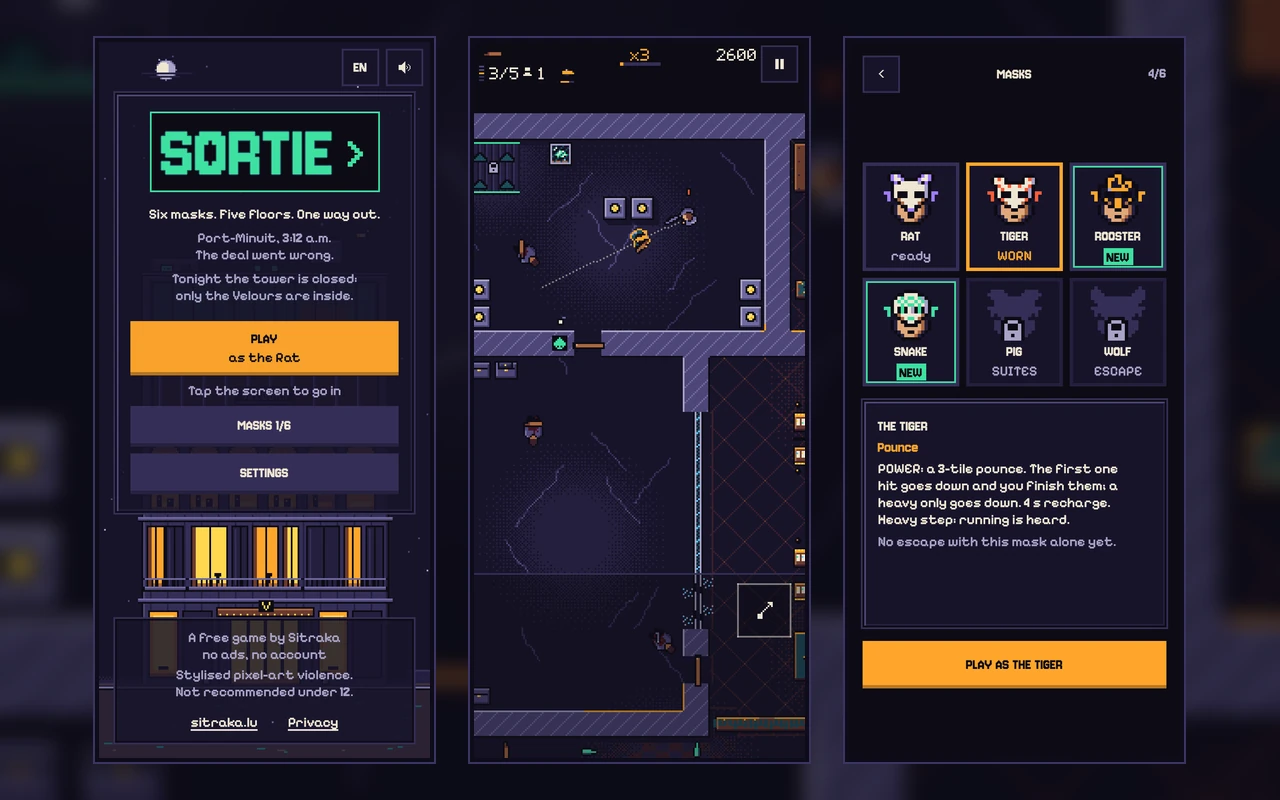 Three phone screens of SORTIE in English: the title screen with the green SORTIE logo, the tagline and a PLAY button; a fight on floor 3, the Casino, where a gunman's dotted aim line points at the player; and the masks screen, with four masks recovered and the Pig and the Wolf still locked.