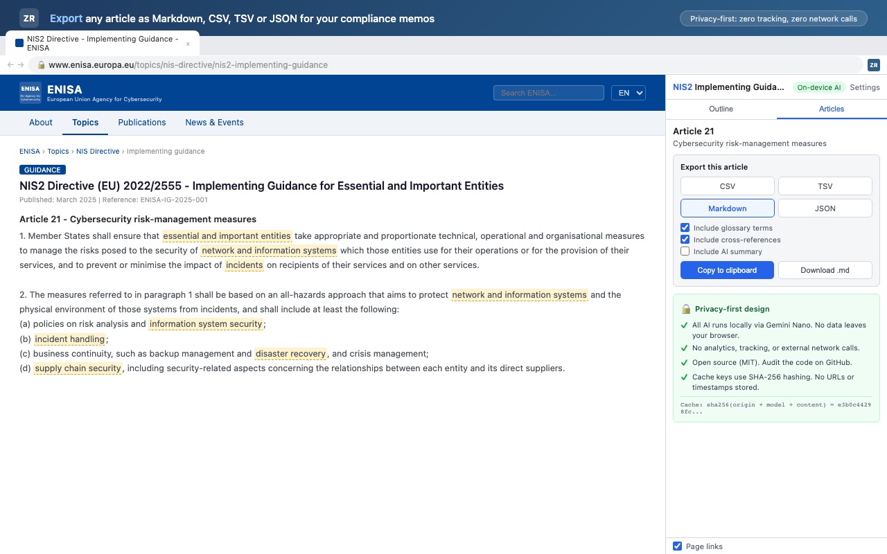 ZeRegLens sur le guide de mise en œuvre NIS2 de l'ENISA, article 21 : le panneau d'export propose CSV, TSV, Markdown et JSON avec les options glossaire, renvois et résumé IA, à côté d'une liste de contrôle privacy-first