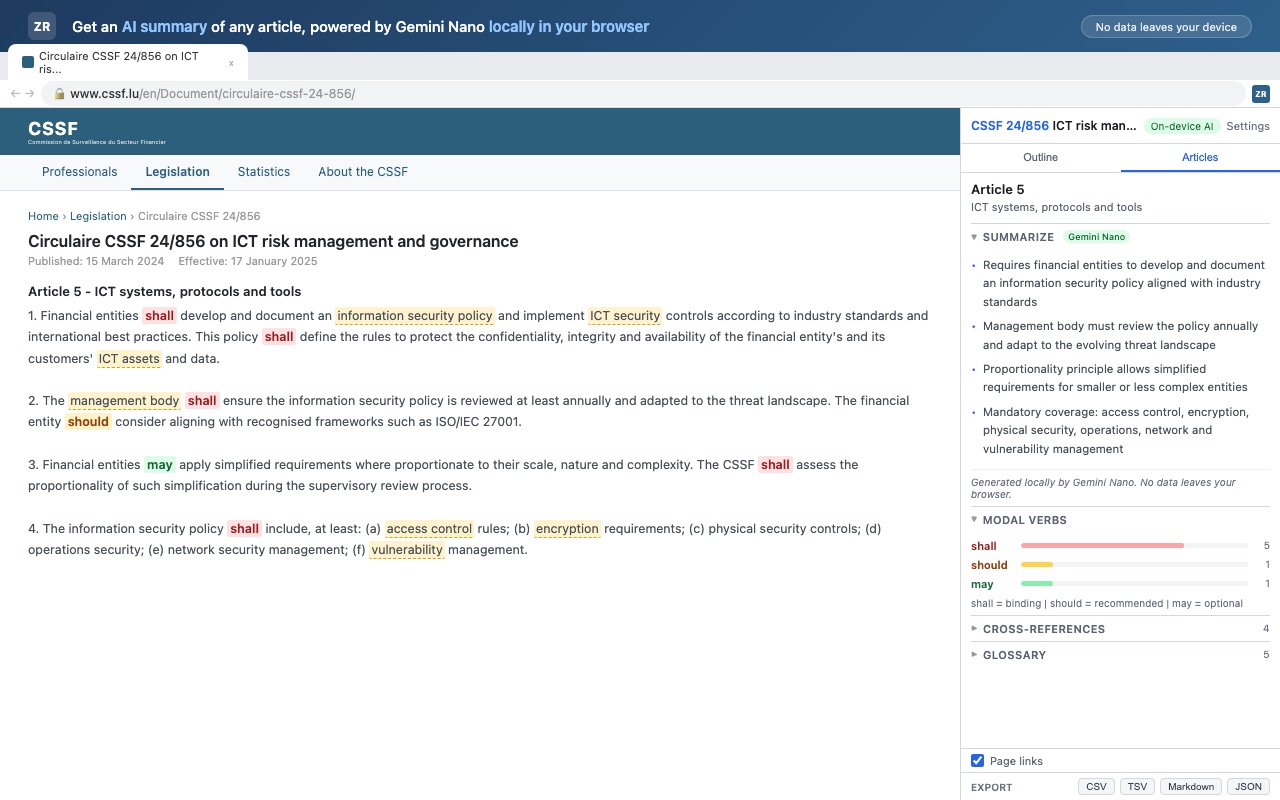 ZeRegLens sur la circulaire CSSF 24/856, article 5 : un résumé en quatre points généré localement par Gemini Nano, et un graphique des verbes modaux comptant shall 5, should 1, may 1
