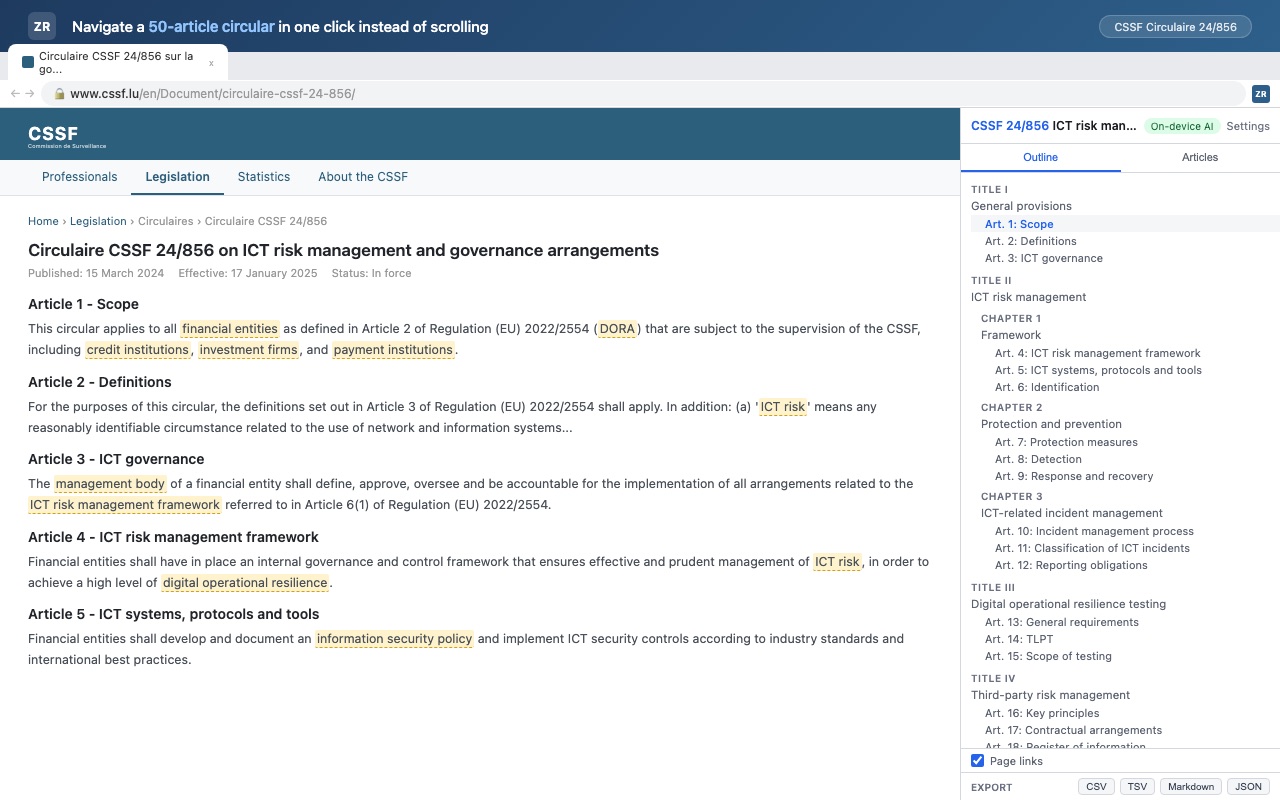 Panneau latéral ZeRegLens sur la circulaire CSSF 24/856 : l'onglet Outline liste les titres I à IV avec leurs articles, les termes du glossaire sont surlignés dans la page