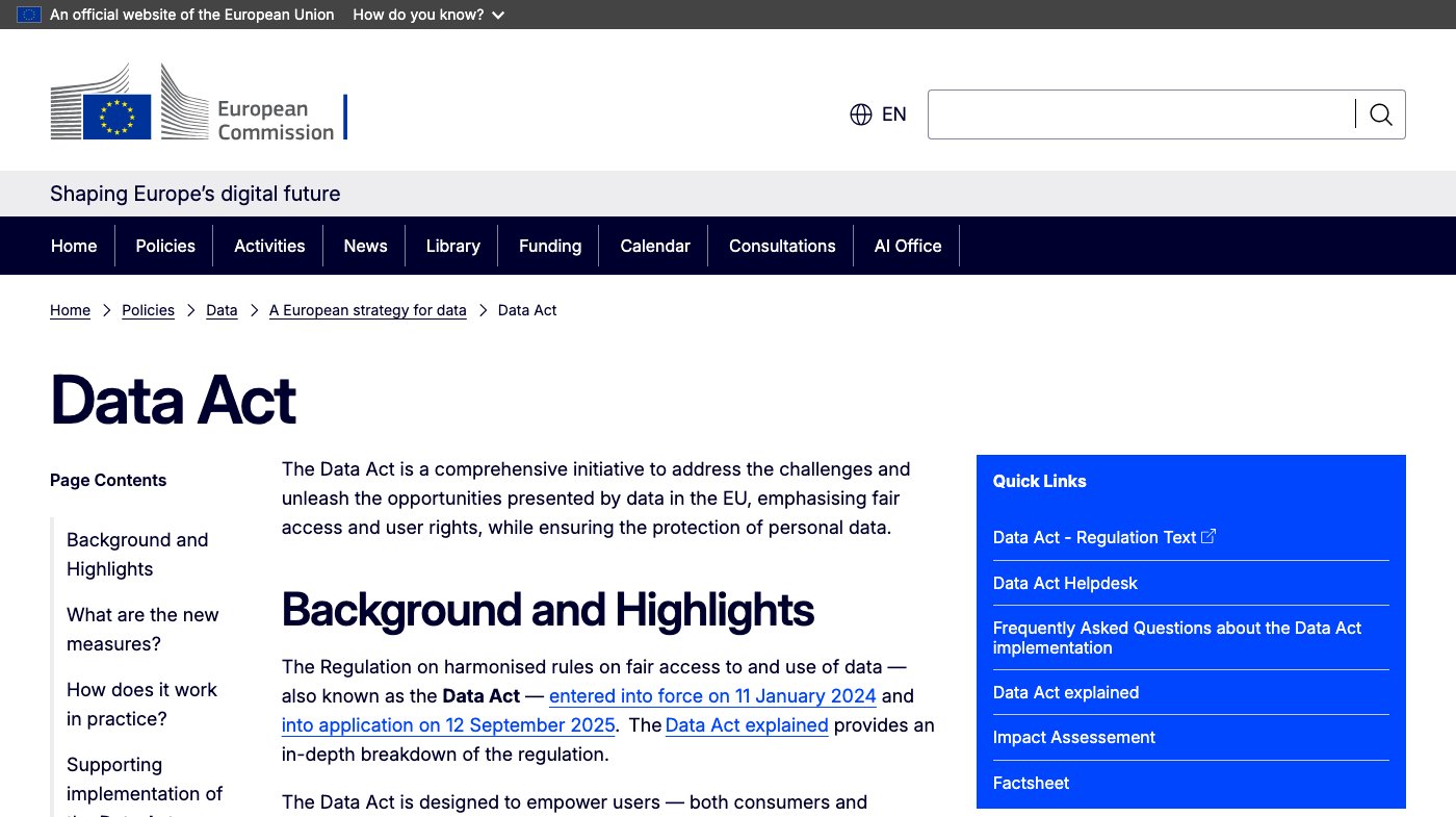 La page de la Commission européenne consacrée au Data Act, avec des liens vers la FAQ, le service d'assistance et le Data Act expliqué