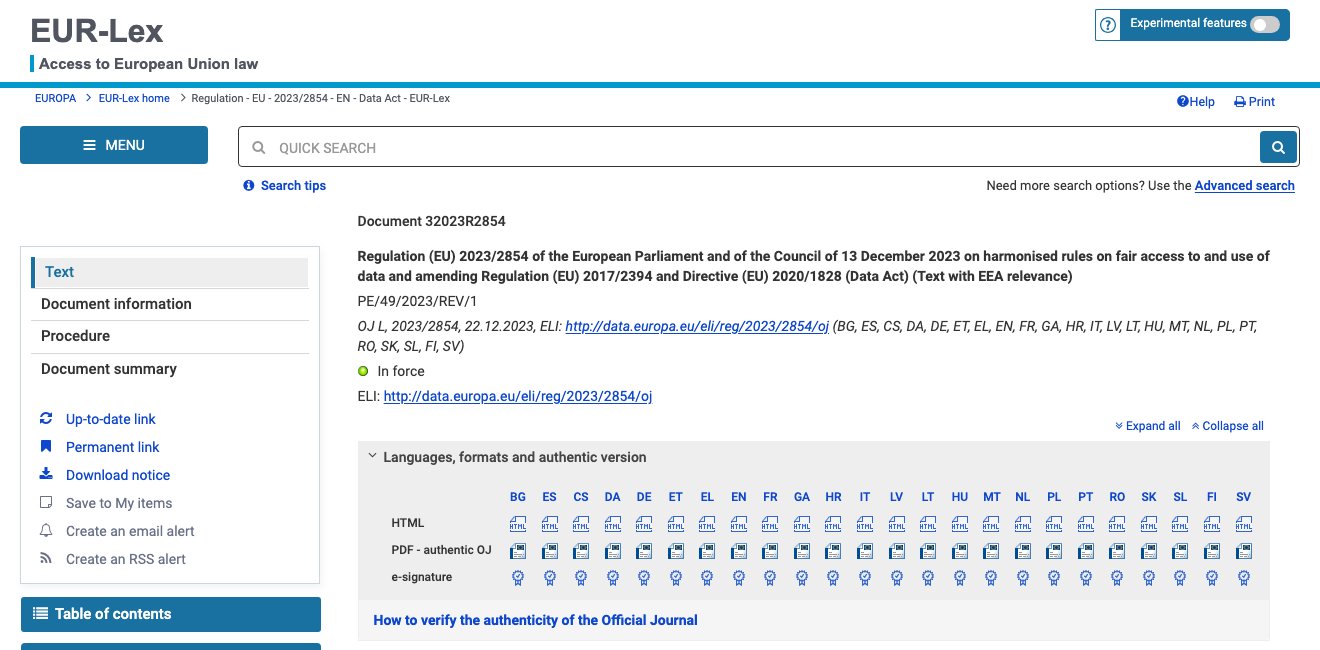 La page EUR-Lex du règlement (UE) 2023/2854, le Data Act, avec son ELI et les versions authentiques du Journal officiel