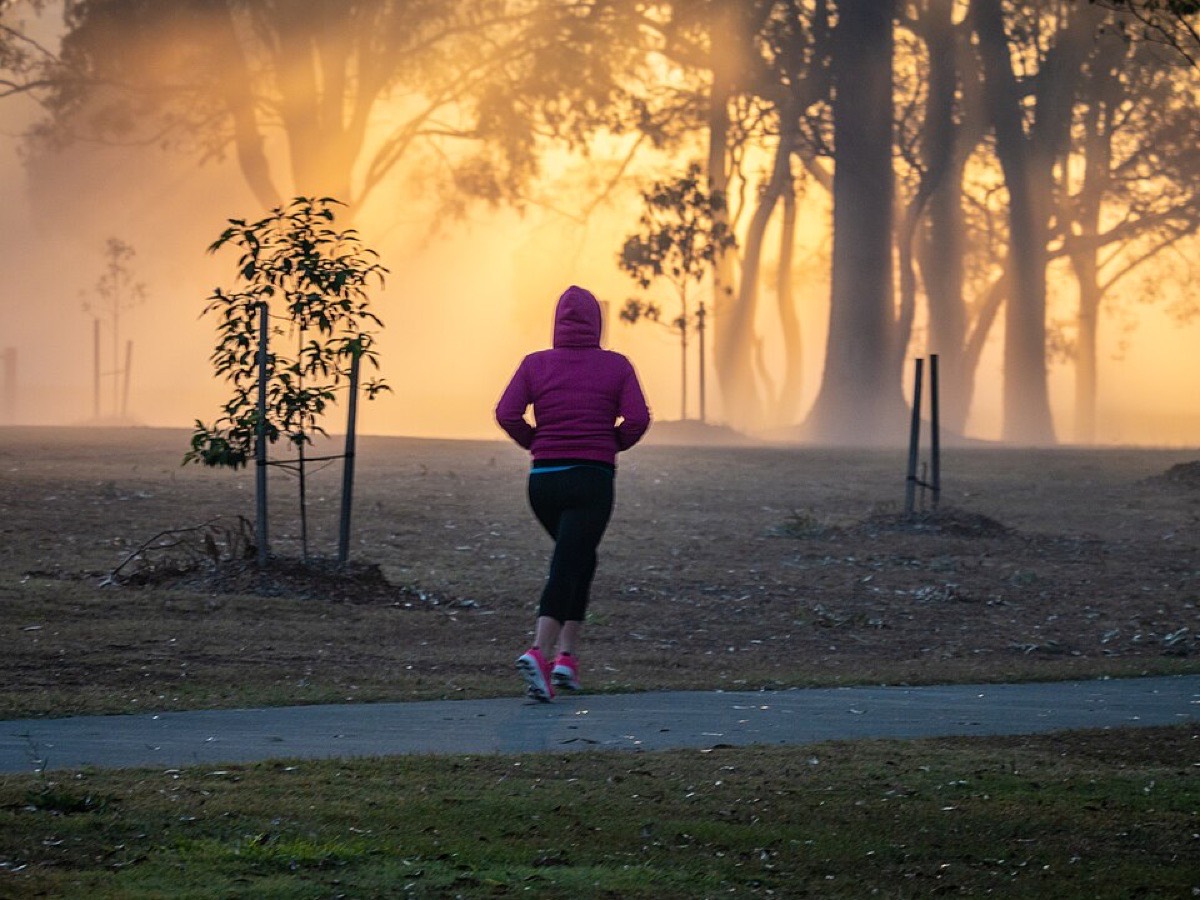 A runner on a trail in the morning mist