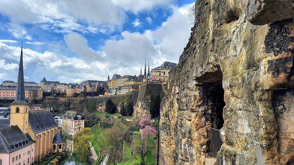 The Bock promontory and the old town of Luxembourg City seen in spring
